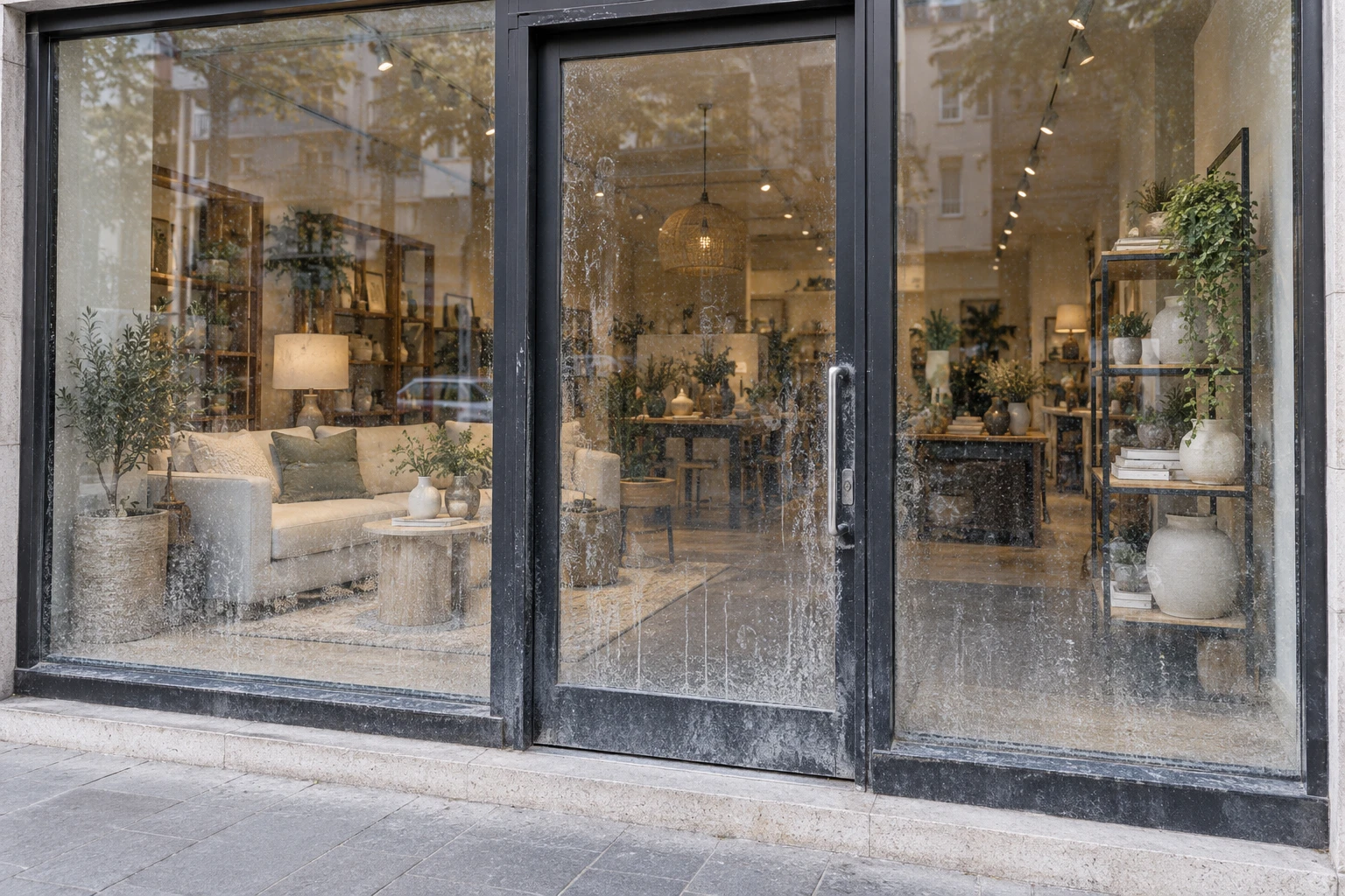 Escaparate de una tienda, antes y después de la limpieza de cristales — antes