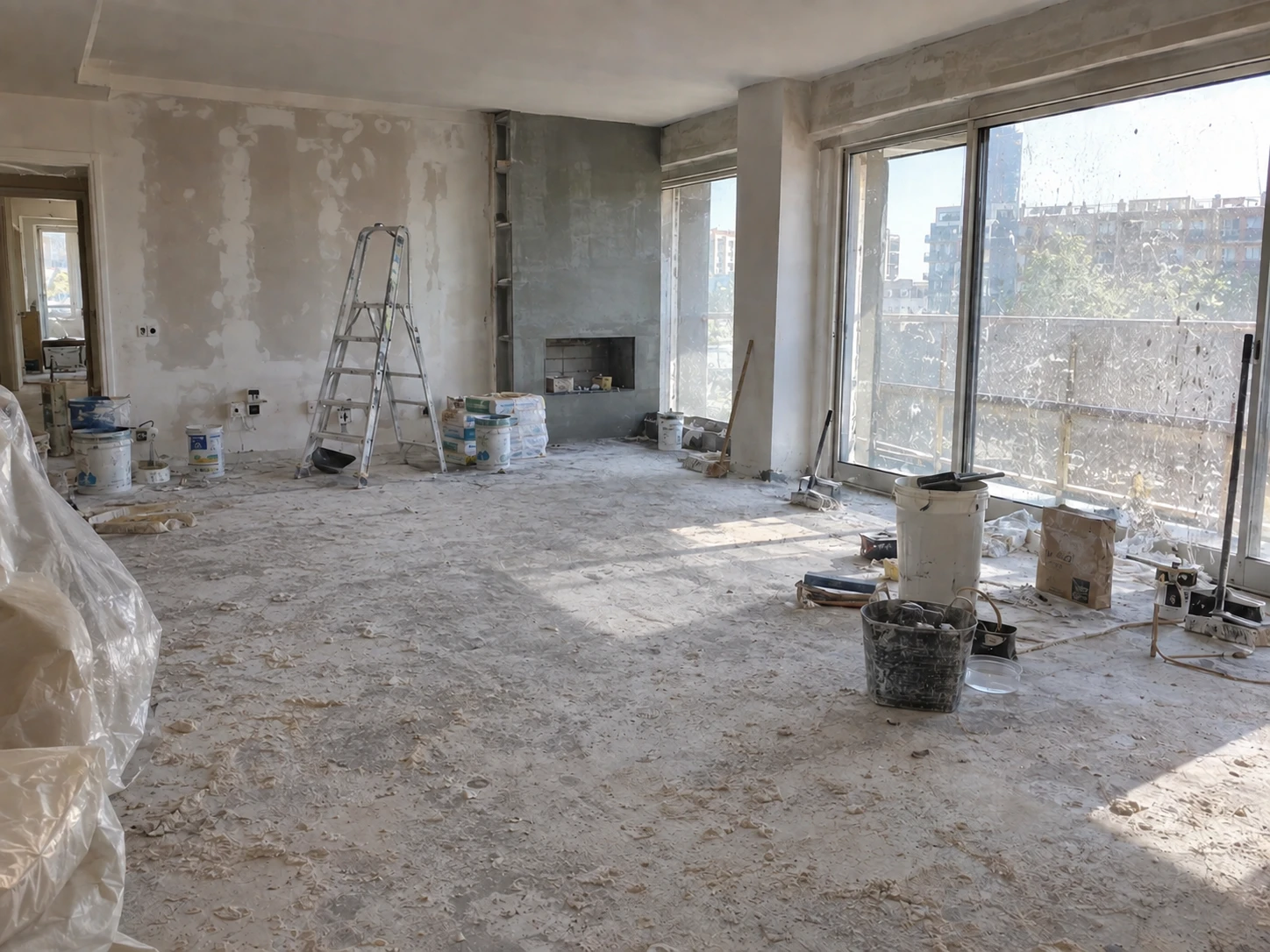 Salón con chimenea de obra vista, con las paredes aún sin pintar, antes y después de retirar el polvo grueso y el escombro suelto — sin tratar