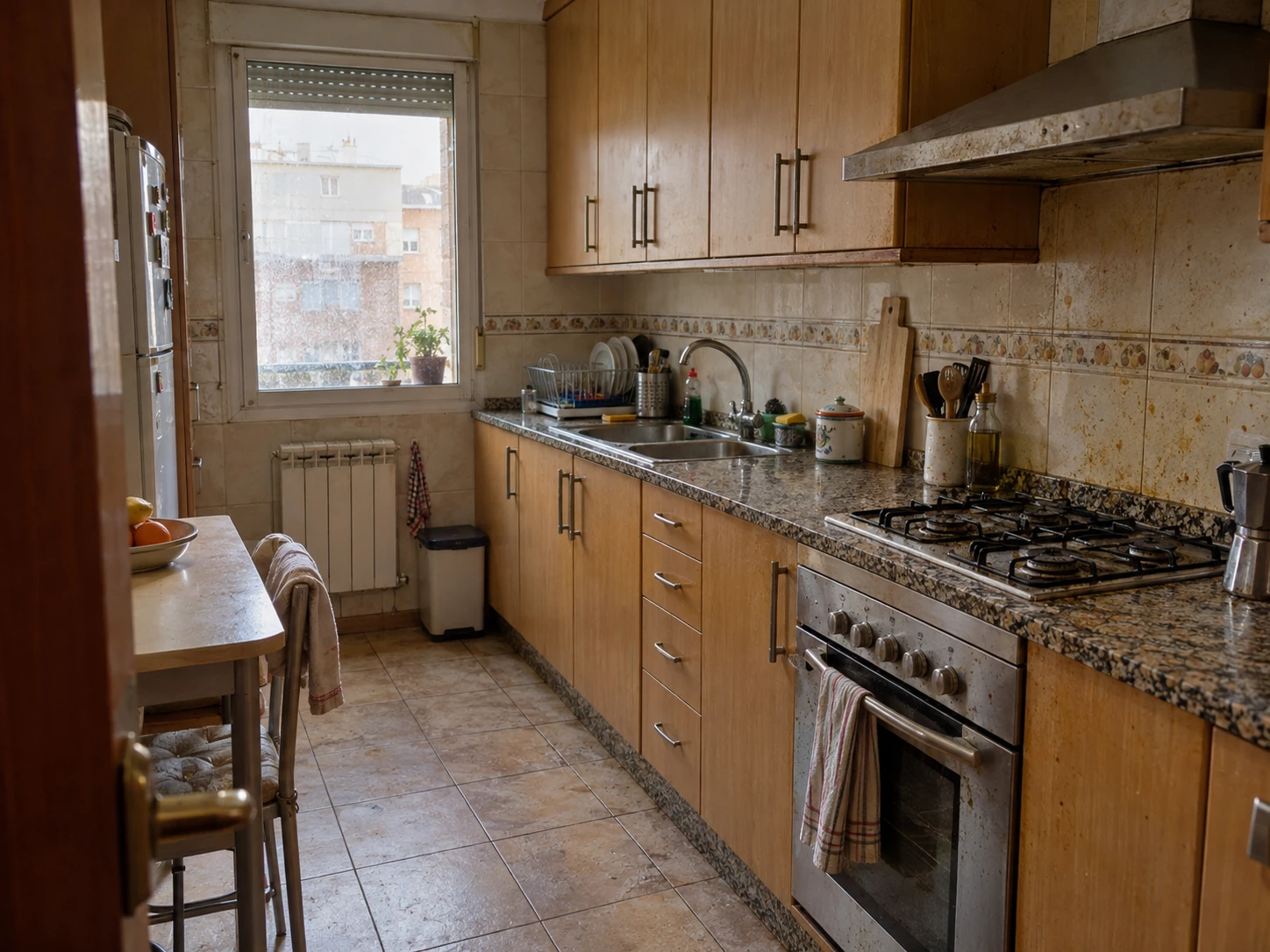 Cocina con la grasa acumulada de años, antes y después de una limpieza profunda — sin tratar