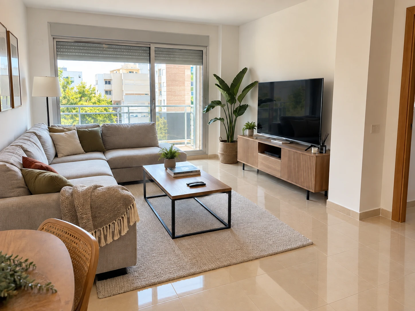 Salón de una vivienda ya habitada, antes y después del repaso de mantenimiento post-entrega — sin tratar